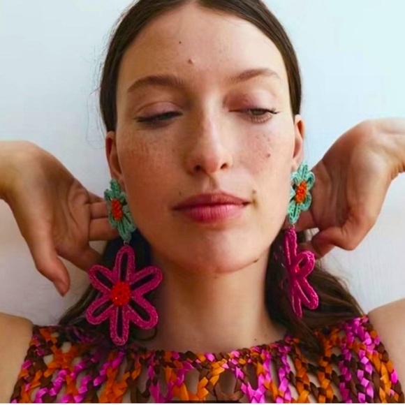 Zara - 🌸🌺🌸Pink Crochet Flower Earrings - NWT - Picture 2 of 3
